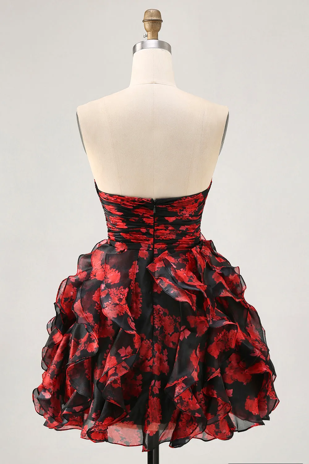 Black Red Strapless Ruffled Printed Cut Out Homecoming Dress sold by Zapaka product image thumbnail 2