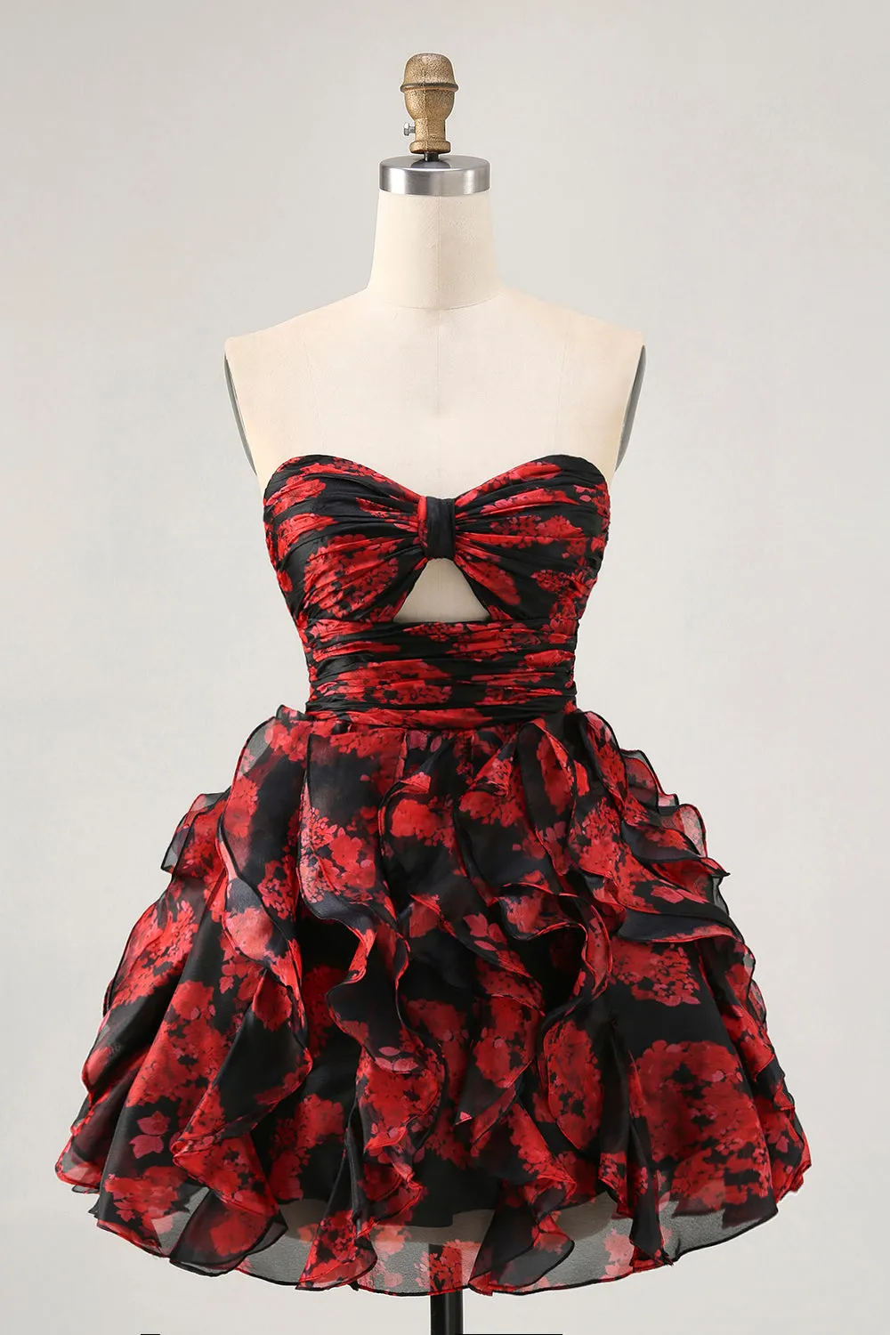 Black Red Strapless Ruffled Printed Cut Out Homecoming Dress sold by Zapaka