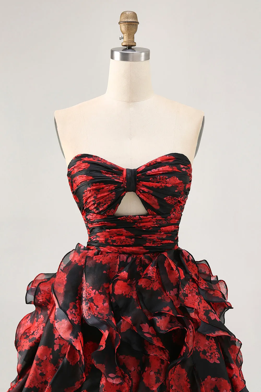 Black Red Strapless Ruffled Printed Cut Out Homecoming Dress sold by Zapaka product image thumbnail 4