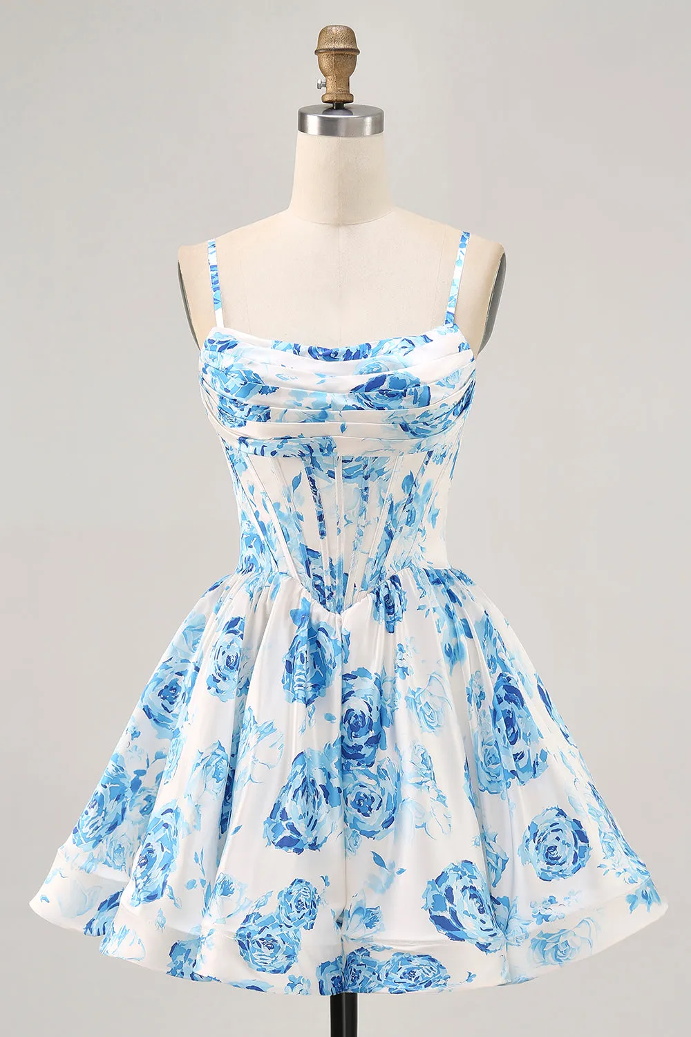 White Blue Flower Printed A Line Corset Homecoming Dress sold by Zapaka