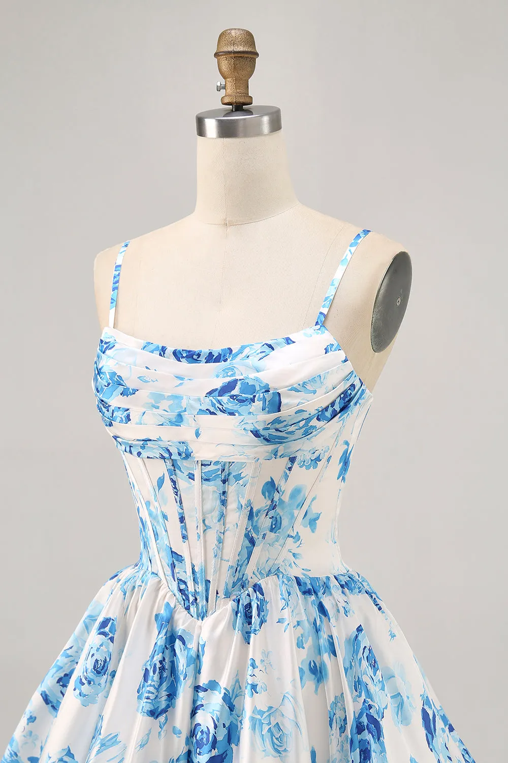 White Blue Flower Printed A Line Corset Homecoming Dress sold by Zapaka product image thumbnail 5