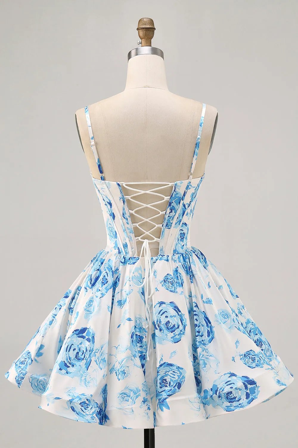 White Blue Flower Printed A Line Corset Homecoming Dress sold by Zapaka product image thumbnail 2