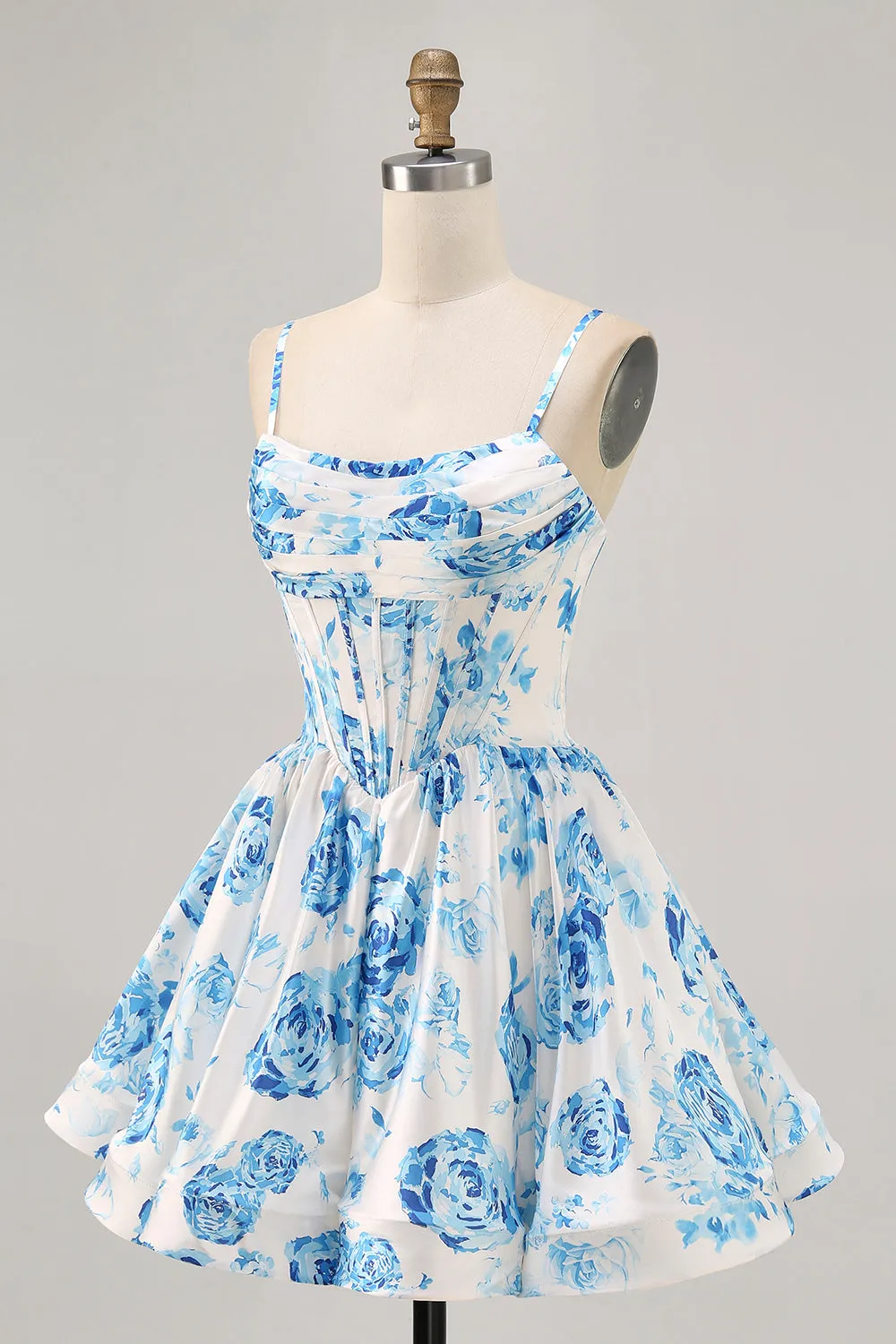 White Blue Flower Printed A Line Corset Homecoming Dress sold by Zapaka product image thumbnail 3