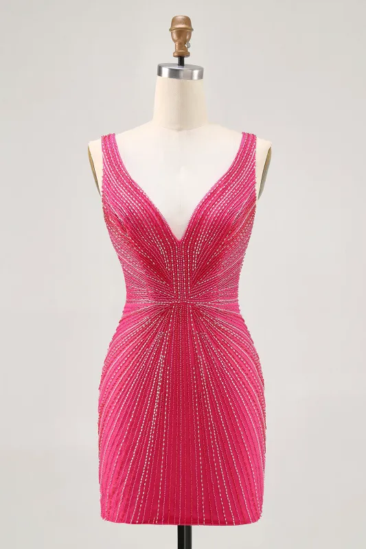 Fuchsia V-Neck Beaded Bodycon Short Homecoming Dress sold by Zapaka