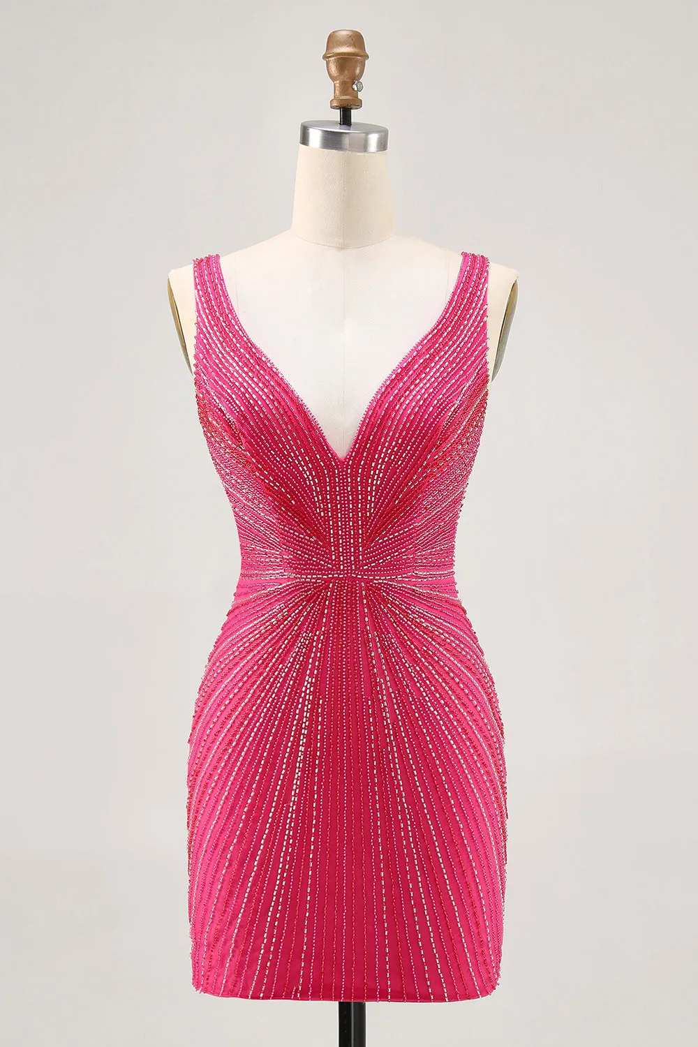 Fuchsia V-Neck Beaded Bodycon Short Homecoming Dress sold by Zapaka