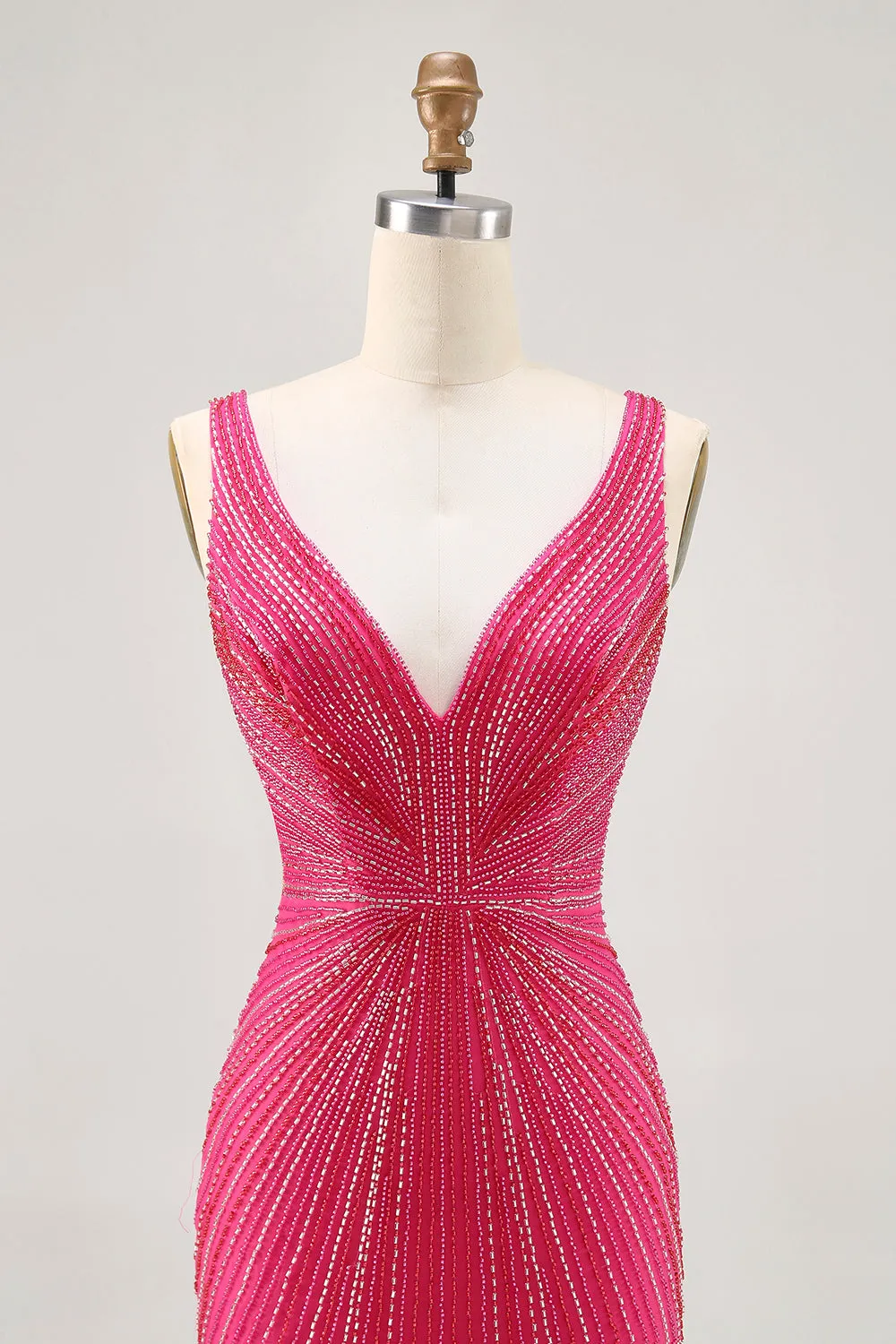 Fuchsia V-Neck Beaded Bodycon Short Homecoming Dress sold by Zapaka product image thumbnail 4