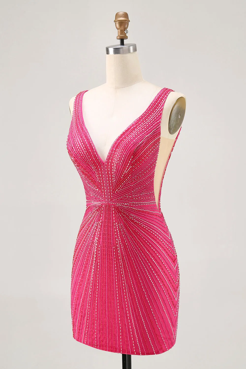 Fuchsia V-Neck Beaded Bodycon Short Homecoming Dress sold by Zapaka product image thumbnail 3