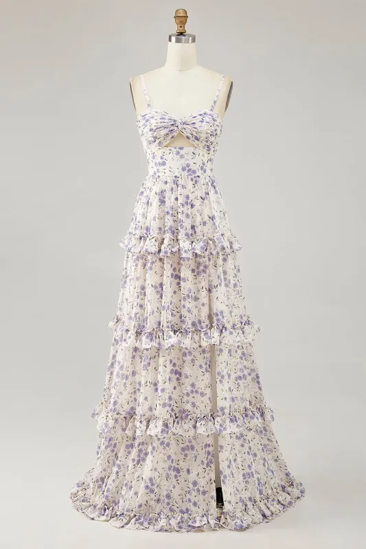 Purple Flower Printed A Line Cut Out Wedding Guest Dress with Slit sold by Zapaka