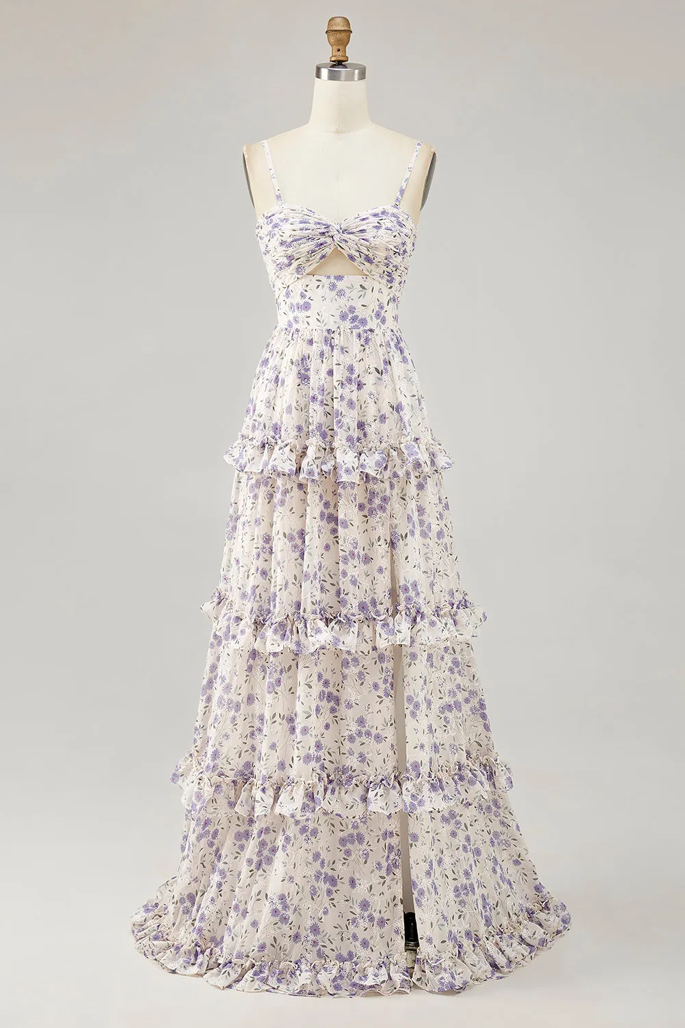 Purple Flower Printed A Line Cut Out Wedding Guest Dress with Slit sold by Zapaka