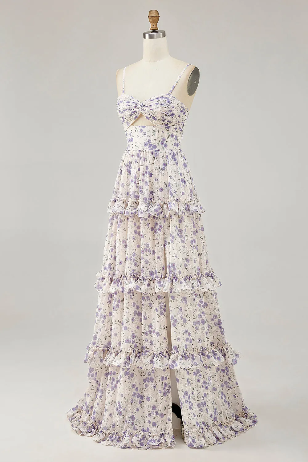 Purple Flower Printed A Line Cut Out Wedding Guest Dress with Slit sold by Zapaka product image thumbnail 3