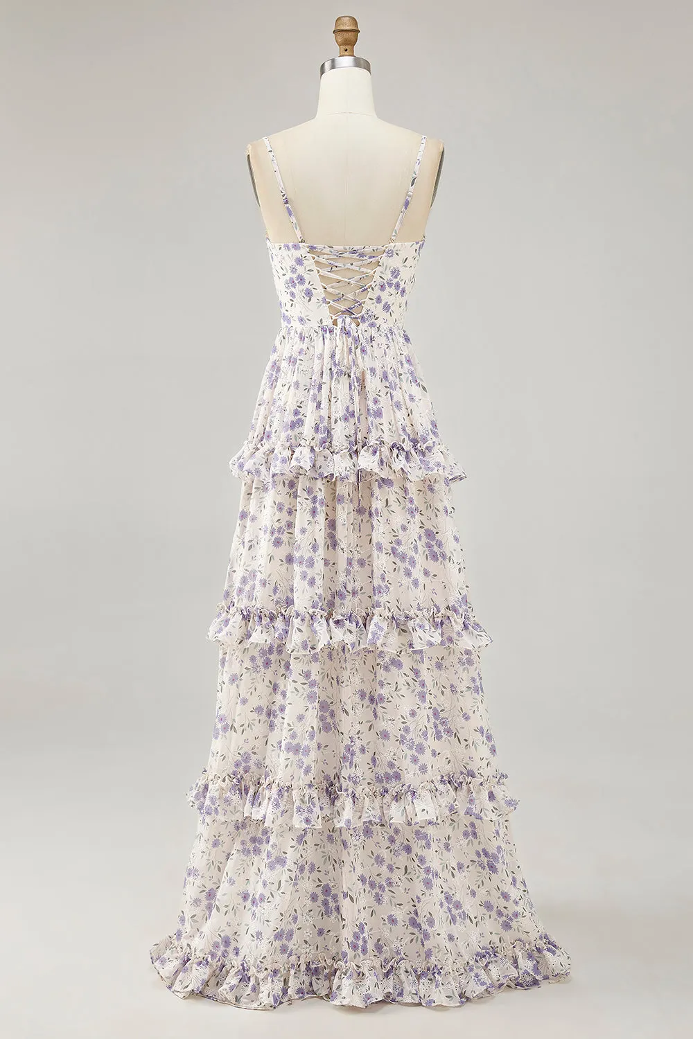 Purple Flower Printed A Line Cut Out Wedding Guest Dress with Slit sold by Zapaka product image thumbnail 2