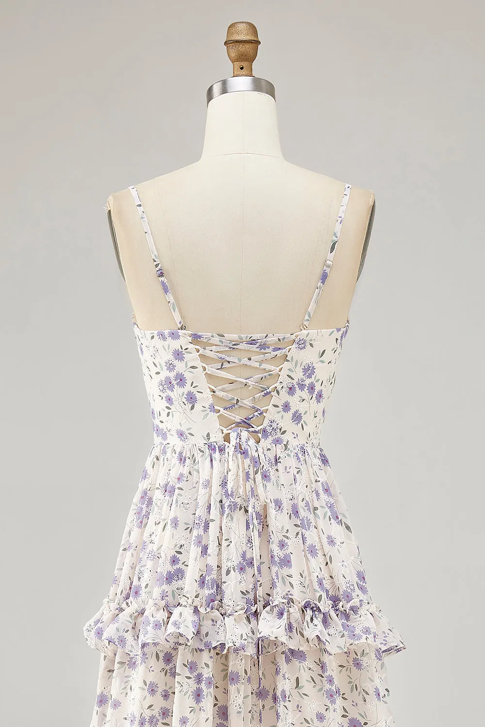 Purple Flower Printed A Line Cut Out Wedding Guest Dress with Slit sold by Zapaka product image thumbnail 5