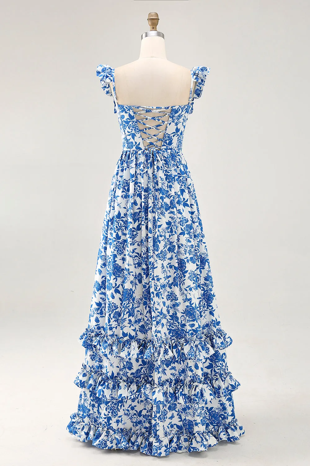 Off The Shoulder Ruffled Printed Blue Wedding Guest Dress with Slit sold by Zapaka product image thumbnail 4