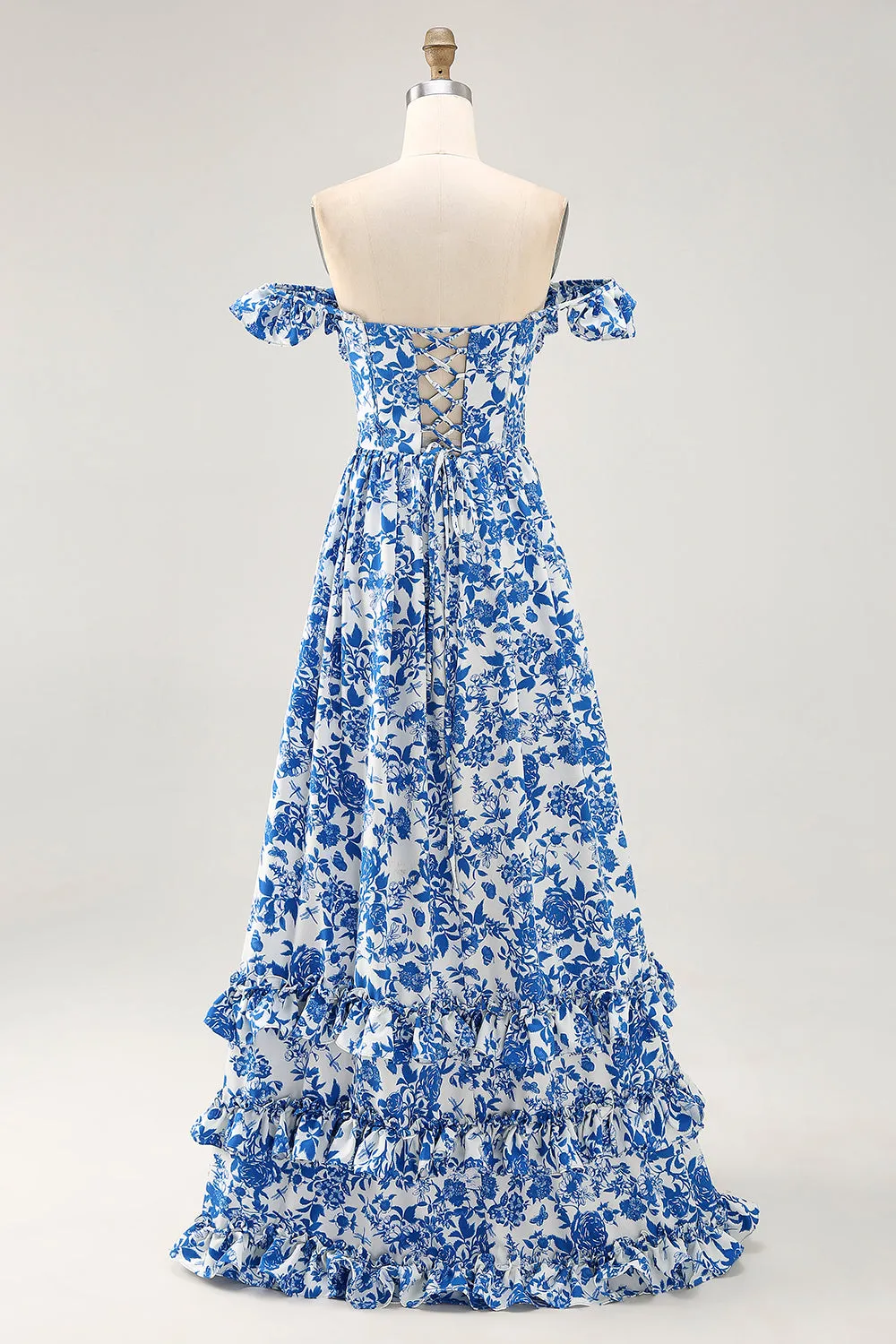 Off The Shoulder Ruffled Printed Blue Wedding Guest Dress with Slit sold by Zapaka product image thumbnail 2