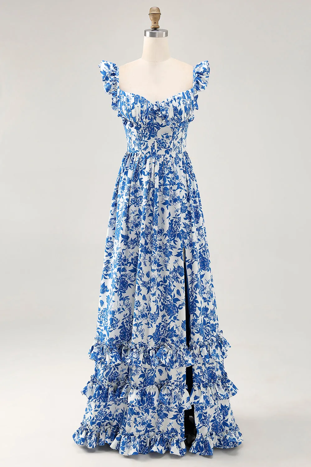Off The Shoulder Ruffled Printed Blue Wedding Guest Dress with Slit sold by Zapaka product image thumbnail 3