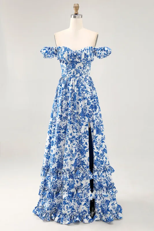 Off The Shoulder Ruffled Printed Blue Wedding Guest Dress with Slit sold by Zapaka
