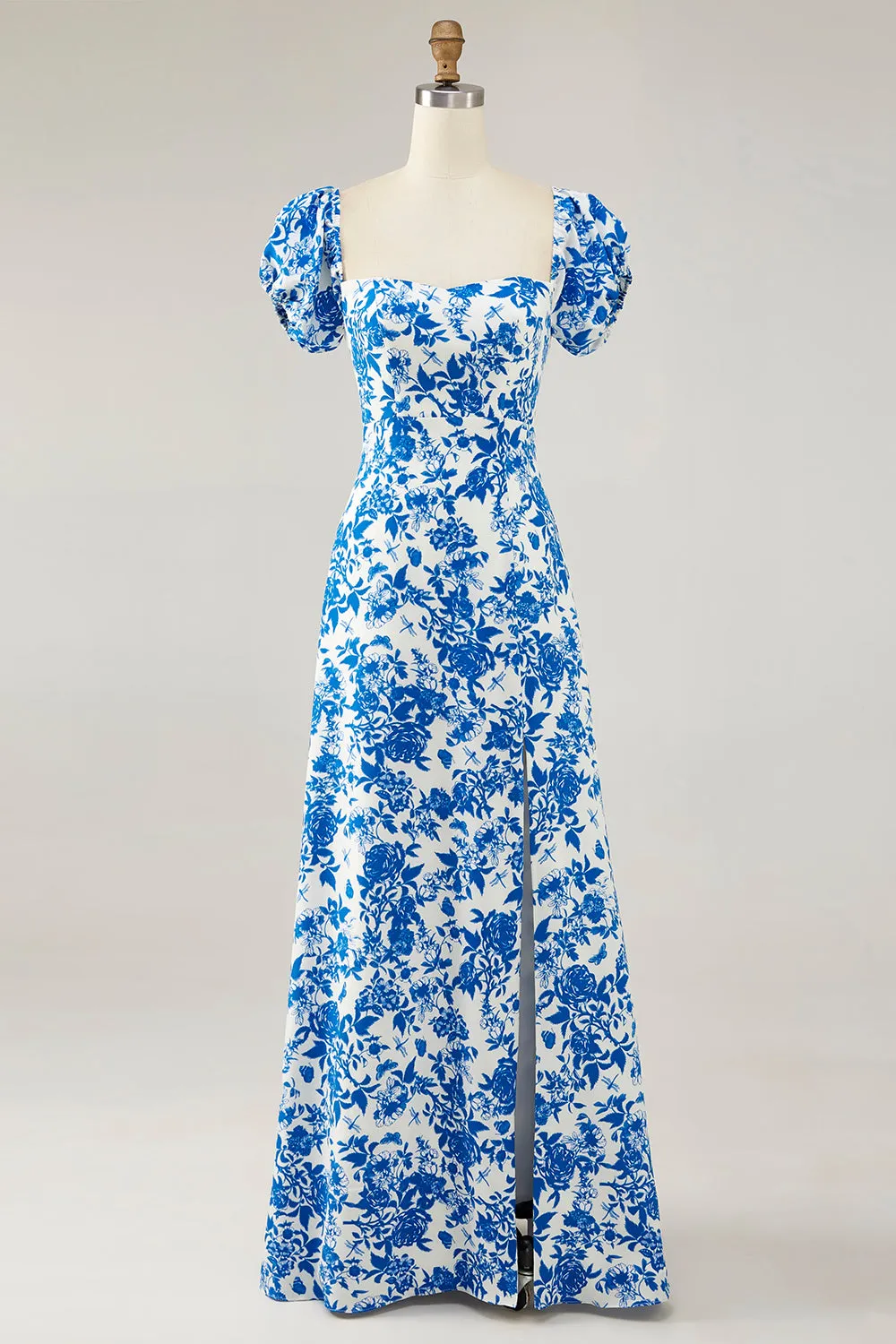 Off The Shoulder Blue Floral Printed Wedding Guest Dress with Slit sold by Zapaka product image thumbnail 3
