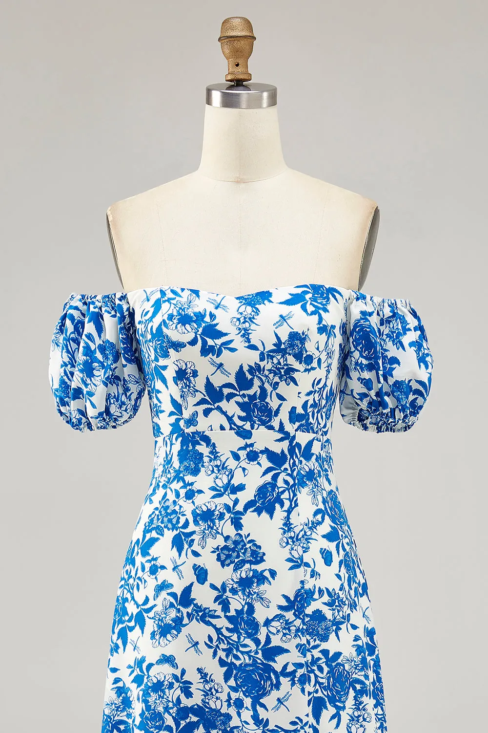 Off The Shoulder Blue Floral Printed Wedding Guest Dress with Slit sold by Zapaka product image thumbnail 4
