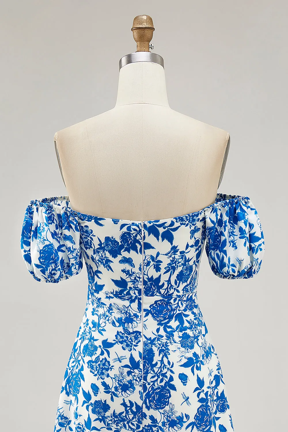 Off The Shoulder Blue Floral Printed Wedding Guest Dress with Slit sold by Zapaka product image thumbnail 5