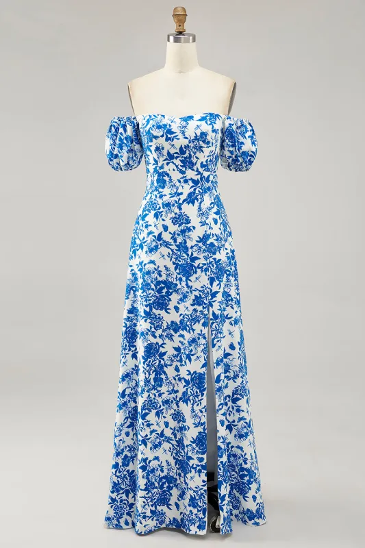 Off The Shoulder Blue Floral Printed Wedding Guest Dress with Slit sold by Zapaka