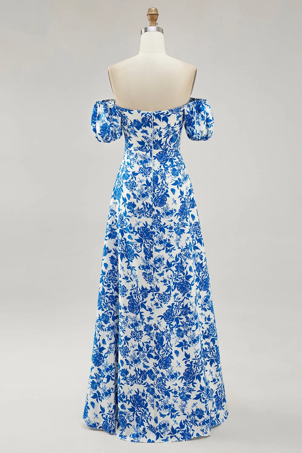 Off The Shoulder Blue Floral Printed Wedding Guest Dress with Slit sold by Zapaka product image thumbnail 2