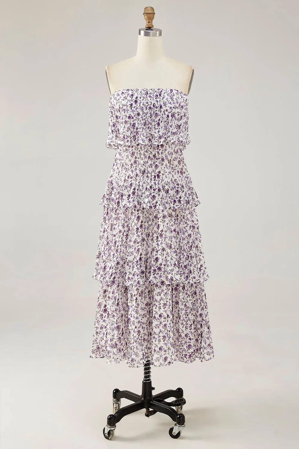 Off The Shoulder Purple Flower Printed A Line Wedding Guest Dress sold by Zapaka product image thumbnail 3