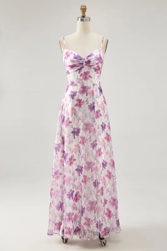 Purple Floral A Line Spaghetti Straps Printed Wedding Guest Dress sold by Zapaka