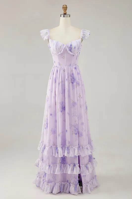Lavender Flower Printed Ruffled A Line Bridesmaid Dress with Slit sold by Zapaka