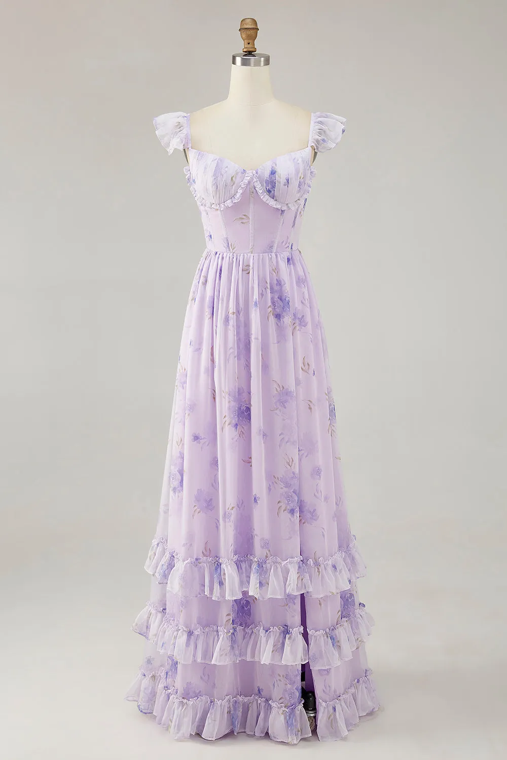 Lavender Flower Printed Ruffled A Line Bridesmaid Dress with Slit sold by Zapaka