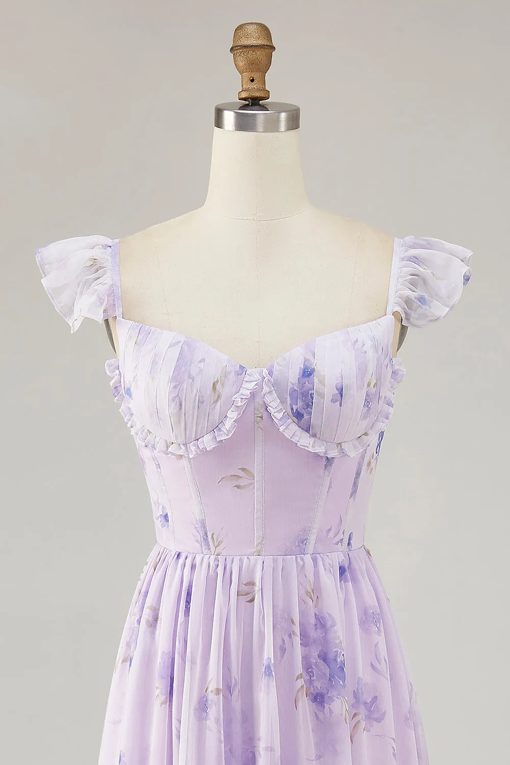 Lavender Flower Printed Ruffled A Line Bridesmaid Dress with Slit sold by Zapaka product image thumbnail 5