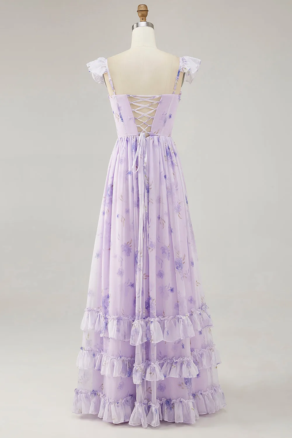 Lavender Flower Printed Ruffled A Line Bridesmaid Dress with Slit sold by Zapaka product image thumbnail 2