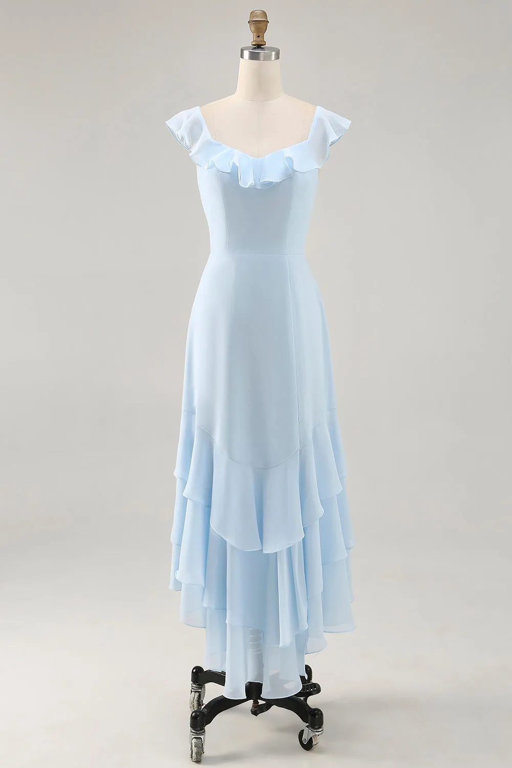 Sky Blue Ruffled Scoop Neck A Line Bridesmaid Dress sold by Zapaka