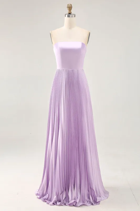 Strapless Pleated Lilac A Line Long Bridesmaid Dress sold by Zapaka