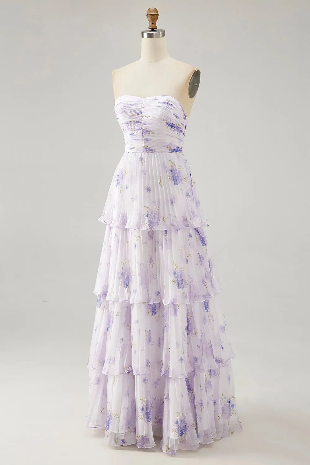 Tiered Lavender Flower A Line Strapless Pleated Bridesmaid Dress sold by Zapaka product image thumbnail 3