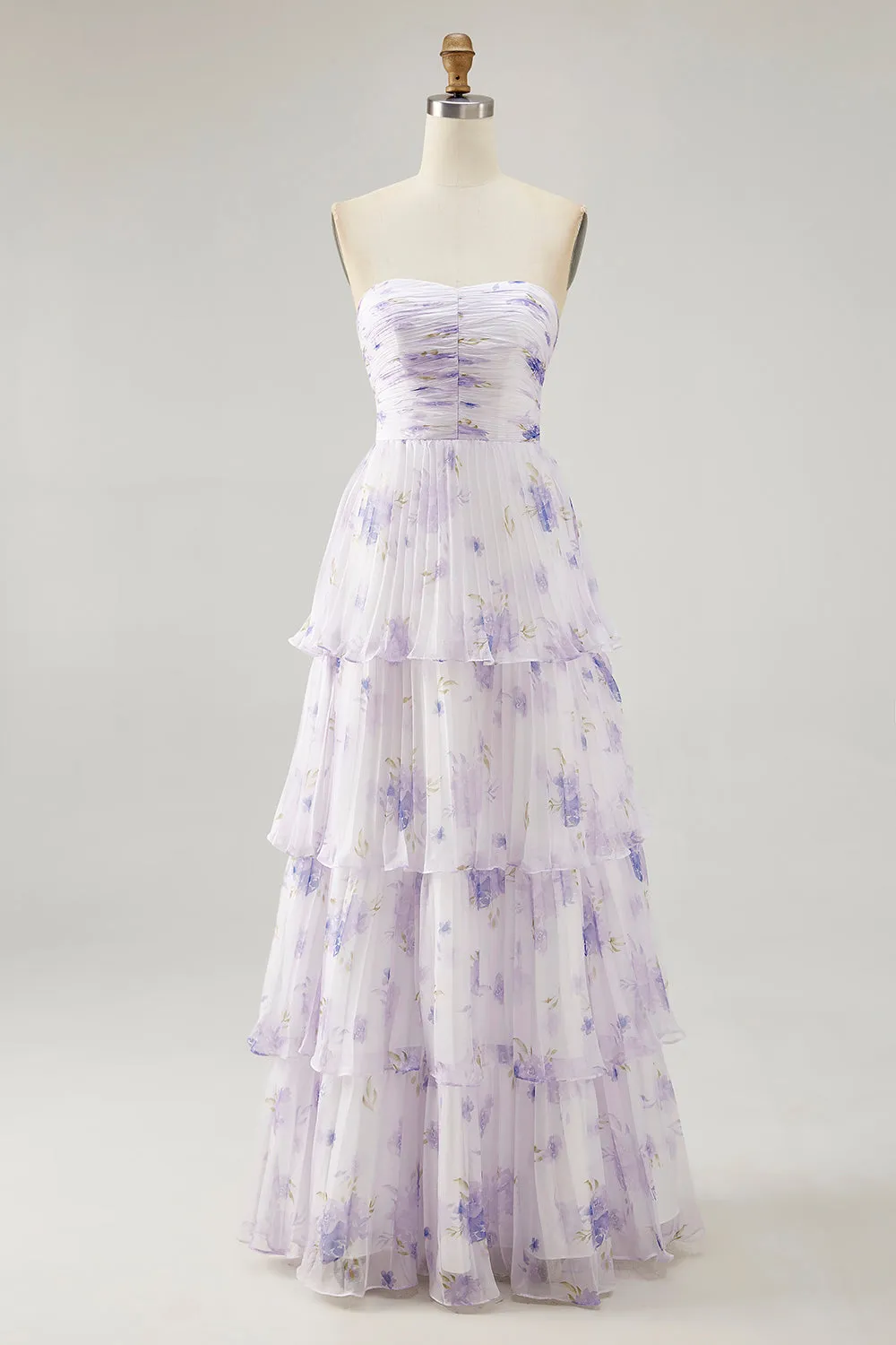 Tiered Lavender Flower A Line Strapless Pleated Bridesmaid Dress sold by Zapaka