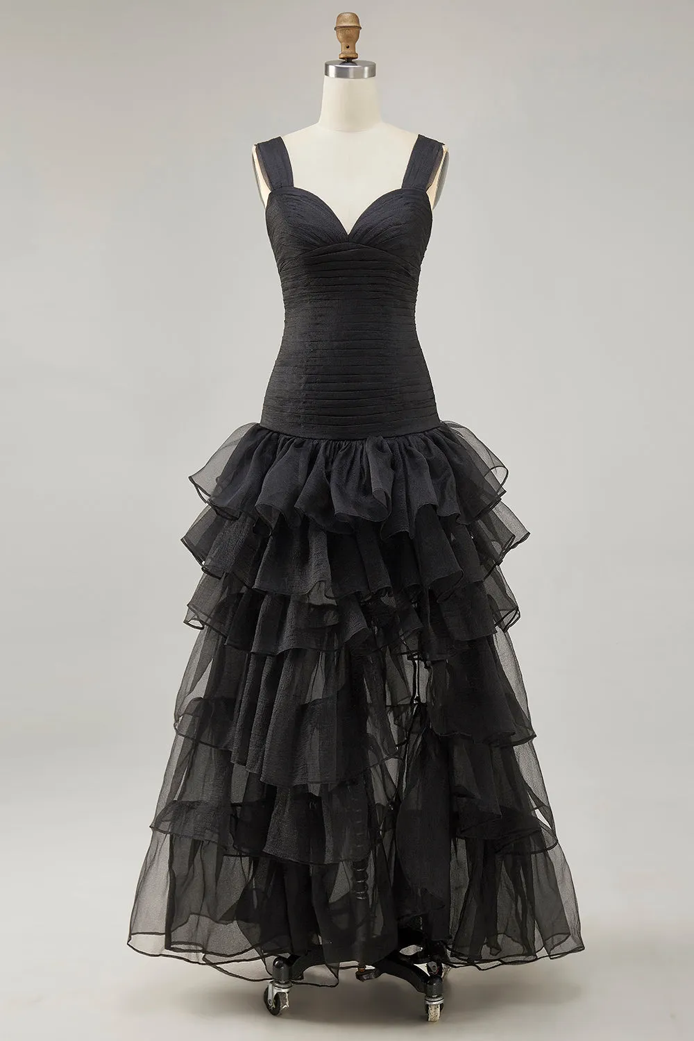 Black Organza A-Line High-Low Formal Dress with Ruffle Slit sold by Zapaka