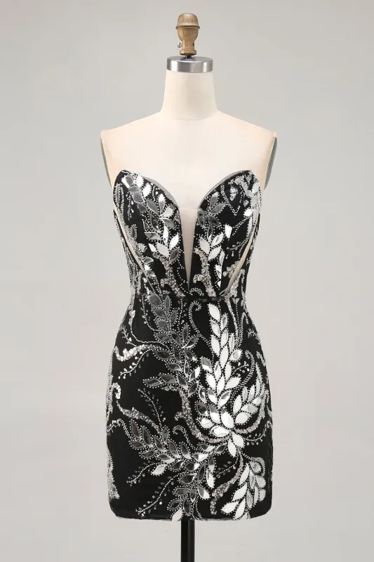 Sparkly Black Bodycon Sequins Short Homecoming Dress with Beading sold by Zapaka