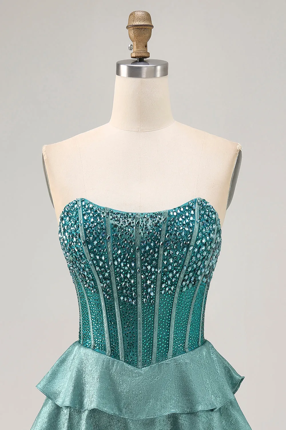 Peacock Green A-Line Corset Strapless Tiered Homecoming Dress with Rhinestones sold by Zapaka product image thumbnail 4