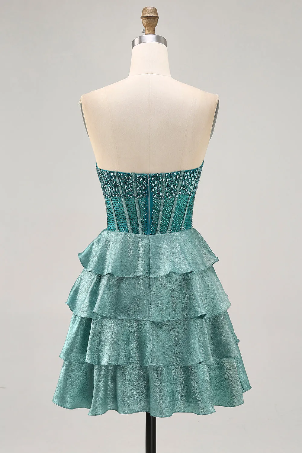 Peacock Green A-Line Corset Strapless Tiered Homecoming Dress with Rhinestones sold by Zapaka product image thumbnail 2
