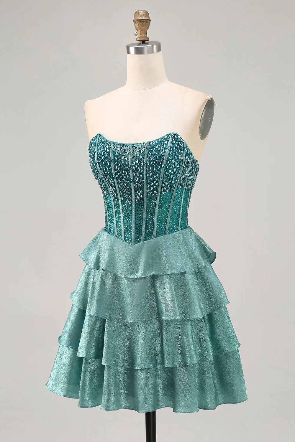 Peacock Green A-Line Corset Strapless Tiered Homecoming Dress with Rhinestones sold by Zapaka product image thumbnail 3