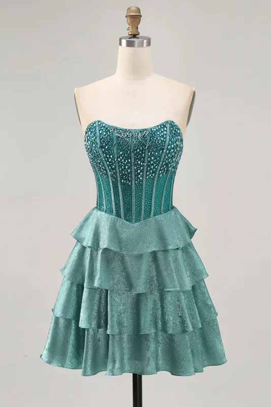 Peacock Green A-Line Corset Strapless Tiered Homecoming Dress with Rhinestones sold by Zapaka