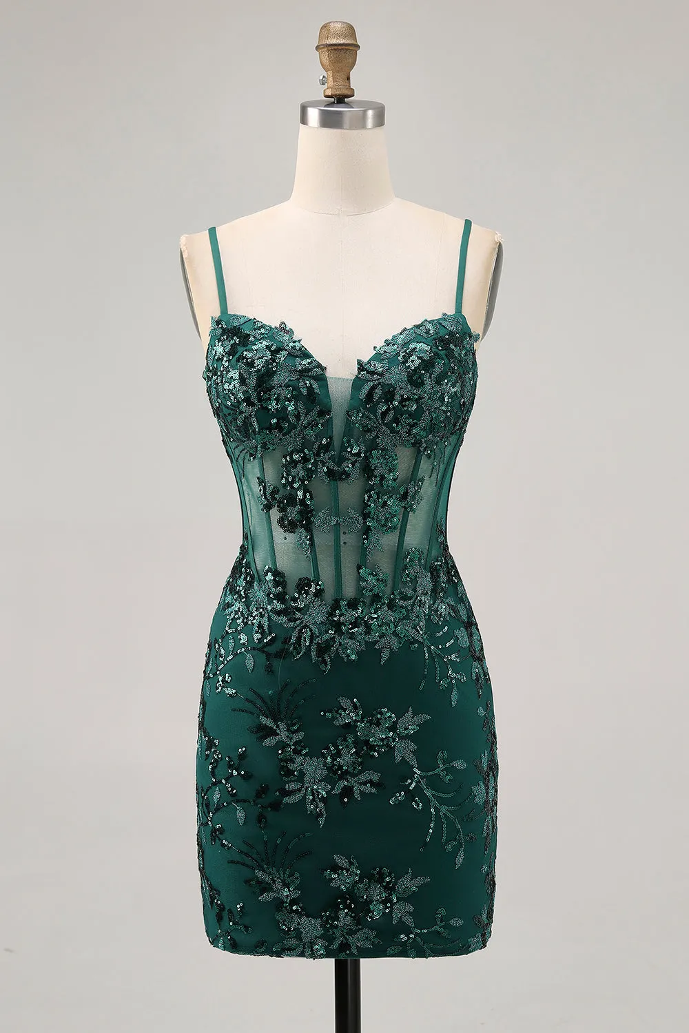 Dark Green Bodycon Backless Sheer Corset Homecoming Dress with Sequins sold by Zapaka