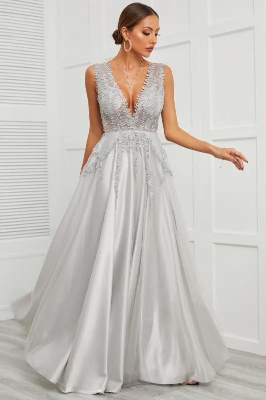 Deep V Neck Grey Long Prom Dress with Appliques sold by Zapaka