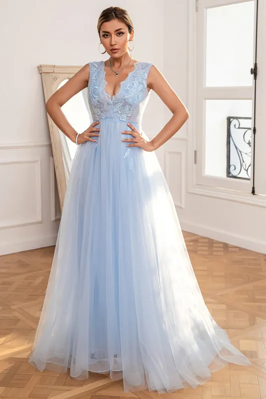 Light Blue Backless Long Prom Dress with Appliques sold by Zapaka