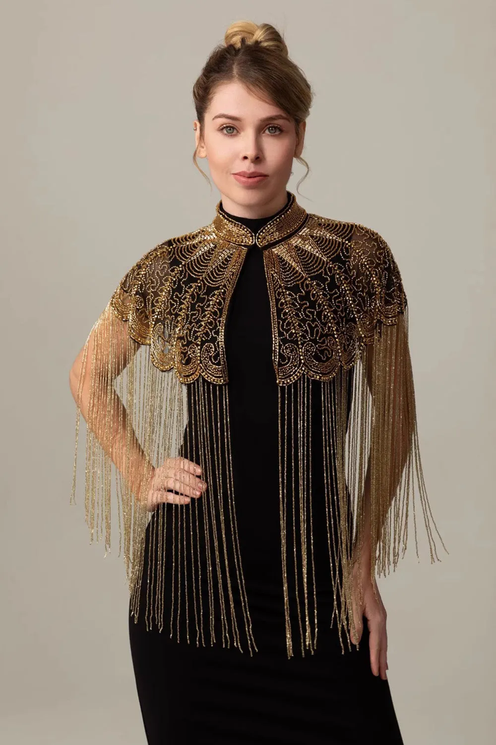 Sparkly Beaded Black Golden 1920s Cape with Fringes sold by Zapaka