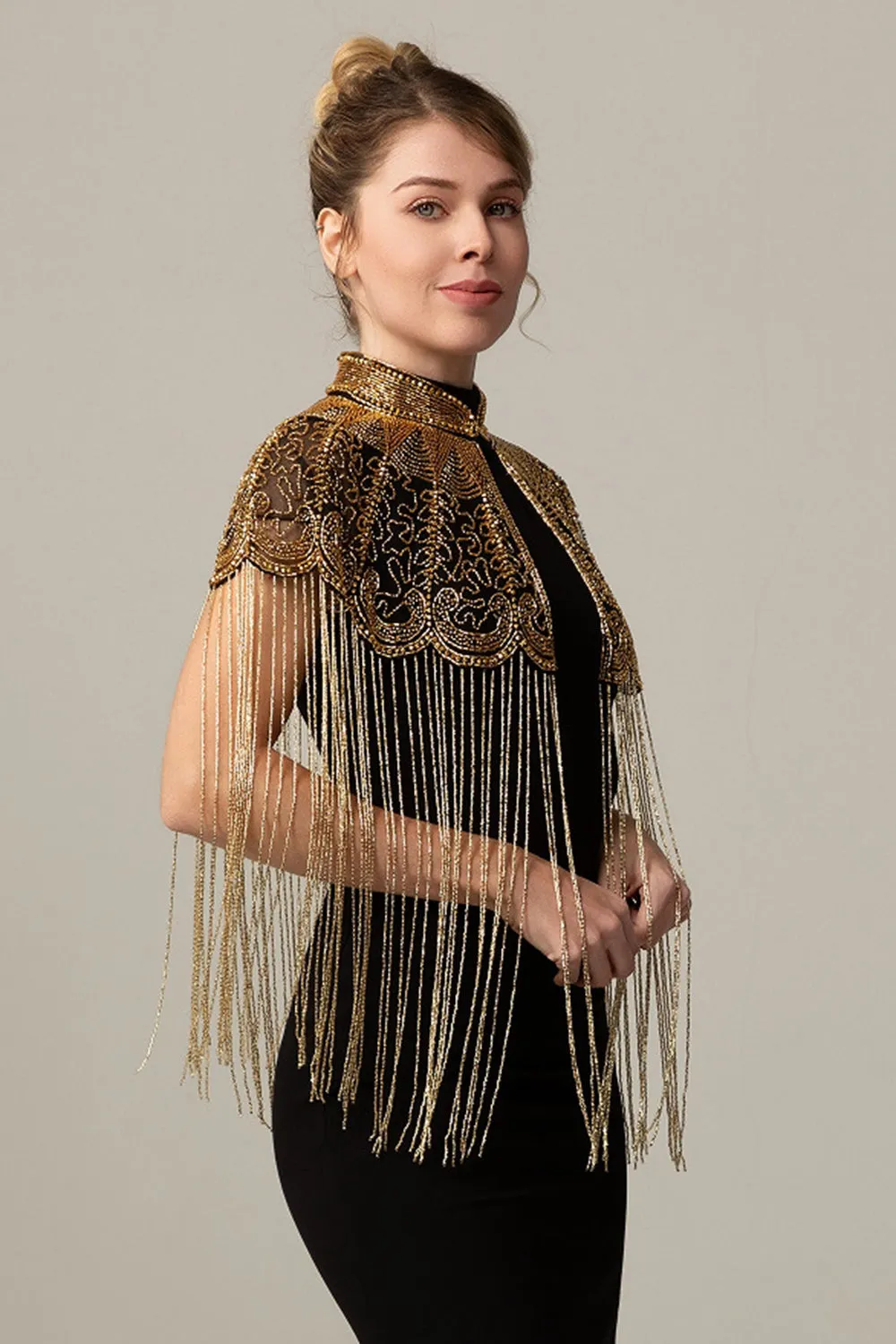 Sparkly Beaded Black Golden 1920s Cape with Fringes sold by Zapaka product image thumbnail 2