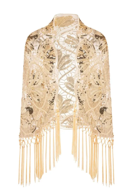 Sparkly Apricot Beaded Fringed 1920s Cape with Sequins sold by Zapaka