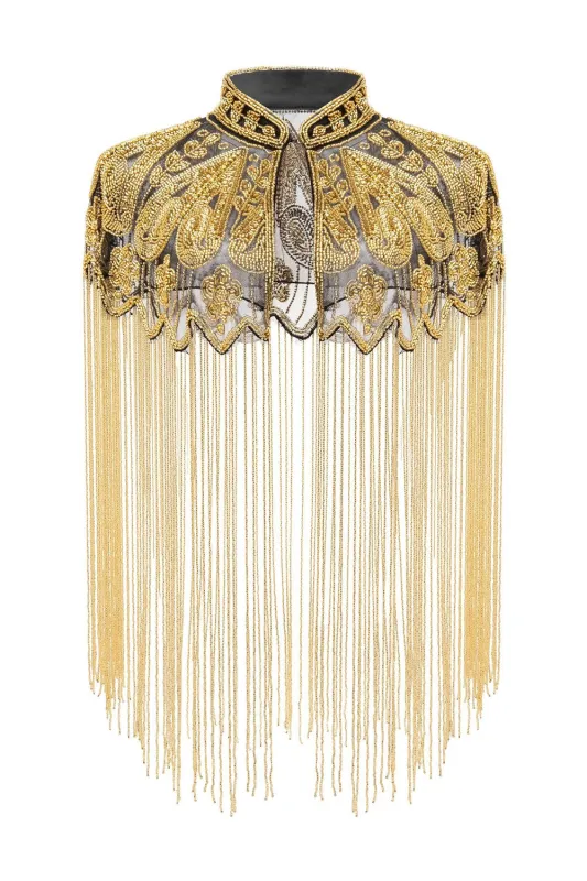 Sparkly Black Golden Beaded Fringed 1920s Cape sold by Zapaka