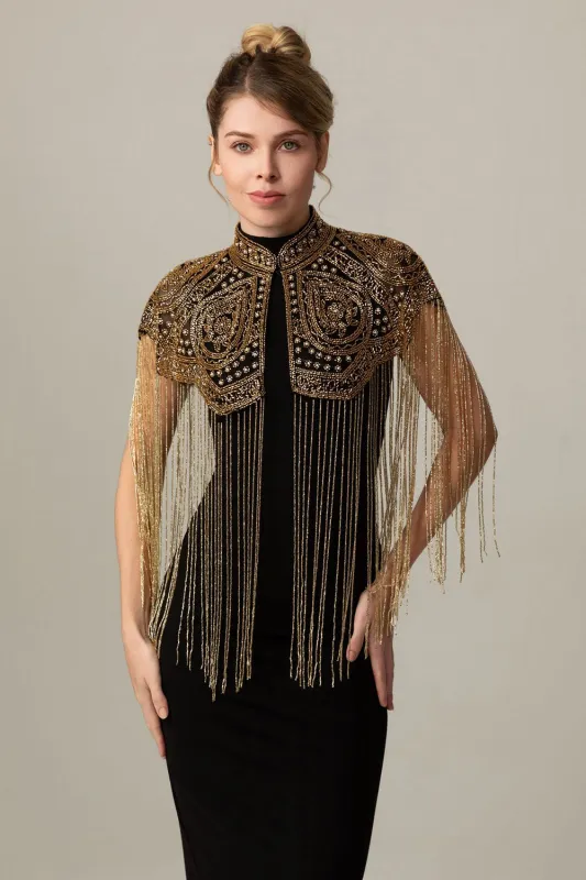 Sparkly Black Golden Fringed 1920s Cape with Beading sold by Zapaka