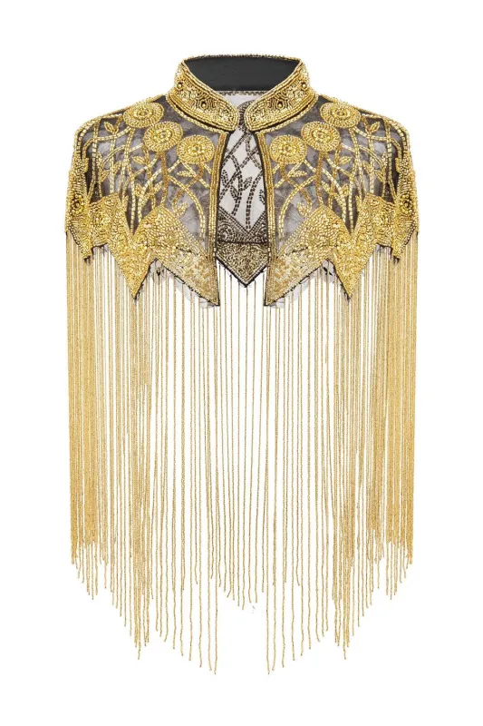Sparkly Black Golden Fringed Beaded 1920s Cape sold by Zapaka